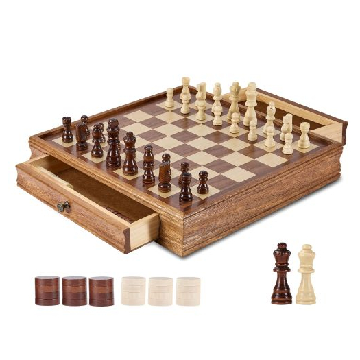 Tömörfa sakkkészlet, 15 hüvelykes 2 az 1-ben sakk dámajáték-készlet