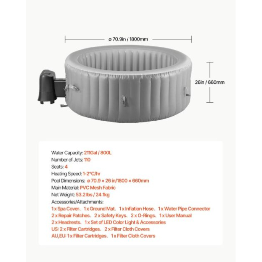 VEVOR felfújható pezsgőfürdő, 2-4 személyes kapacitás