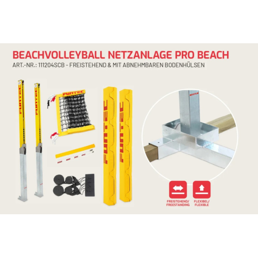 Strandröplabda hálórendszer Pro Beach 8,5 m (szabadon álló + levehető talajhüvelyek)