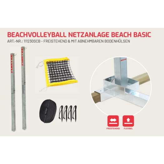 Strandröplabda hálórendszer Beach Basic 8,5 m (szabadon álló + levehető talajhüvelyek)