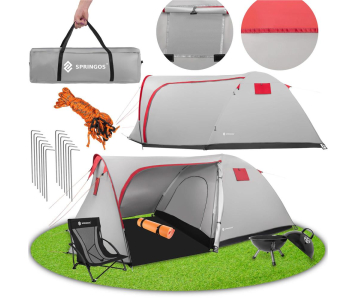 PT028  4 személyes turista sátor előtérrel - 390x210x135 cm - szürke